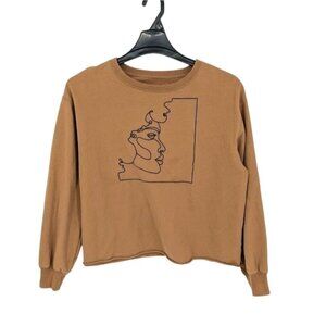 Abstract Line Art Face Graphic Cropped Sweatshirt Minimalist Neutral Cozy Size M